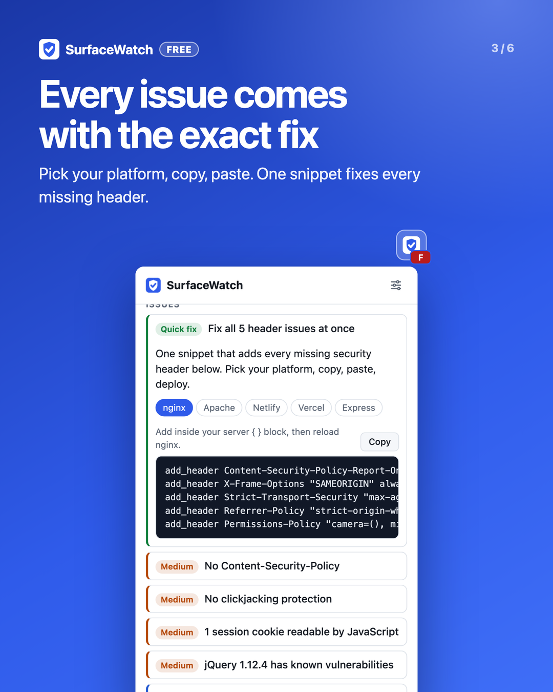SurfaceWatch showing a copy-paste fix for missing security headers, with tabs for nginx, Apache, Netlify, Vercel and Express.
