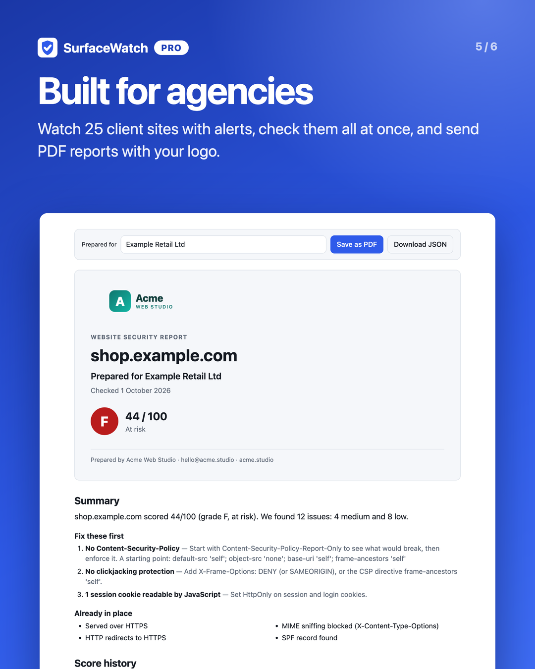 A SurfaceWatch Pro client-ready PDF security report with an agency logo, client name and A–F grade.