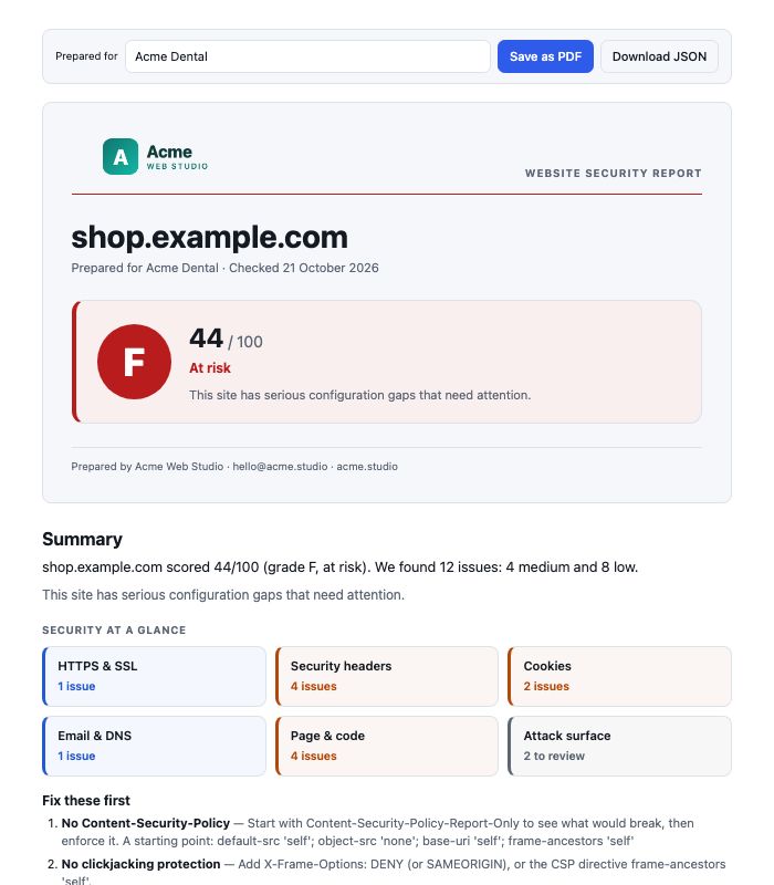 A SurfaceWatch client report for a sample agency: grade F, a six-area Security at a glance scorecard and the fixes to make first.